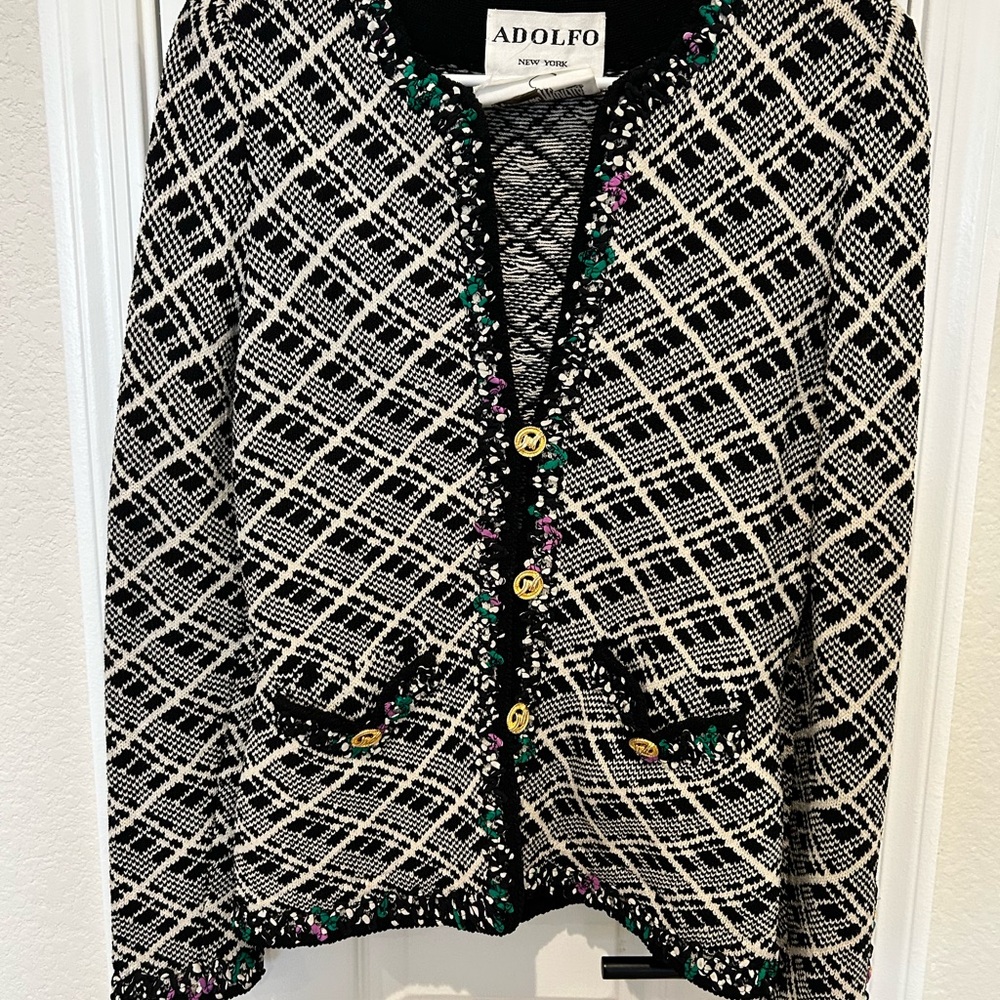 Adolfo Black and White Patterned Blazer with Gold Buttons